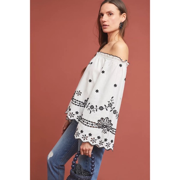 ANTHROPOLOGIE Maeve Campbell Embroidered Off-The-Shoulder Blouse 00 - Picture 3 of 8